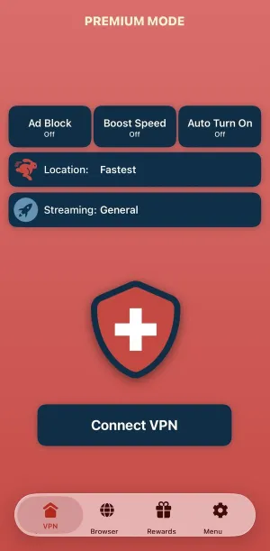 The Swiss VPN app home screen with the Connect VPN button