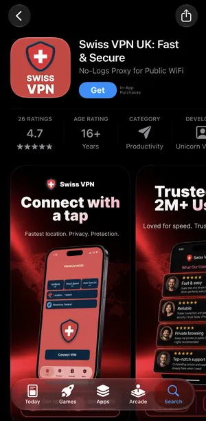 Swiss VPN on the App Store, with the Get button