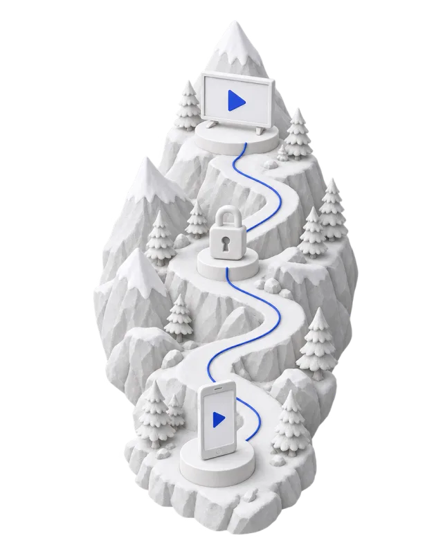 Paper model of a phone, a padlock and a screen on a mountain path, joined by one blue line: your device, a private route, and the show you are watching